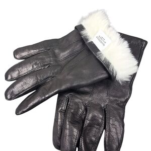 Martelli Italian Black Leather Gloves with White Rabbit Fur Trim Size 9